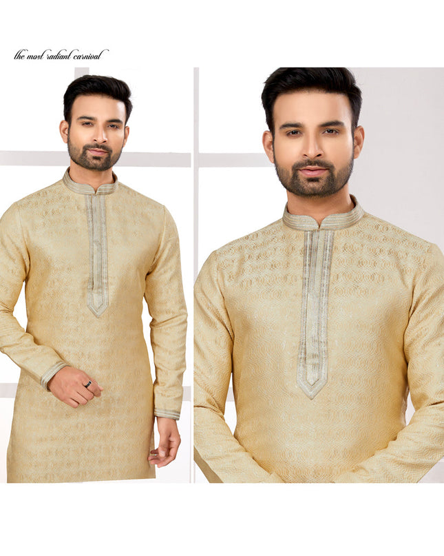 Beige Zari Jacquard Kurta Pyjama Set