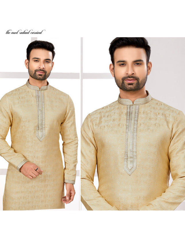 Beige Zari Jacquard Kurta Pyjama Set