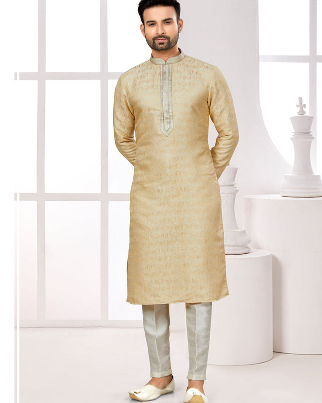 Beige Zari Jacquard Kurta Pyjama Set