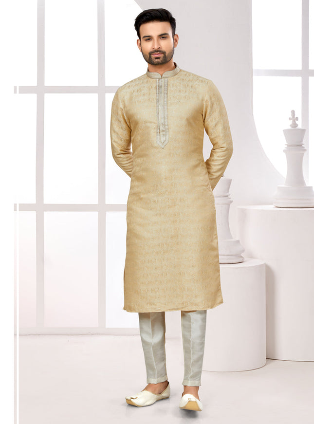 Beige Zari Jacquard Kurta Pyjama Set