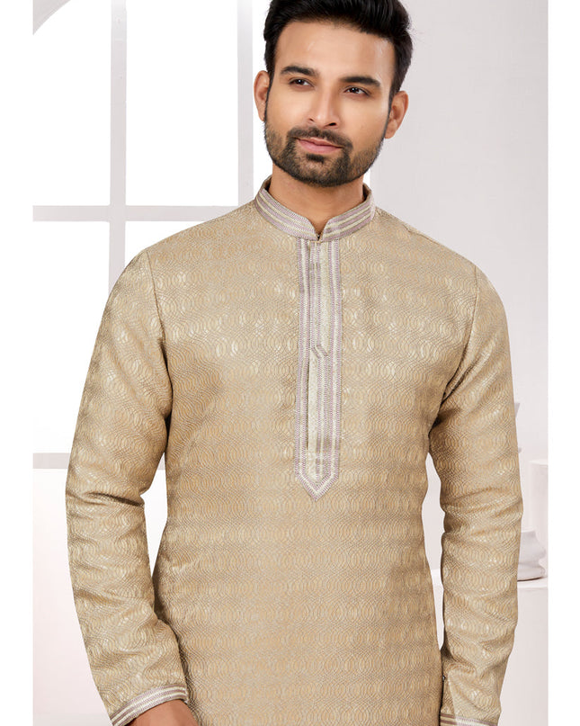 Beige Zari Jacquard Kurta Pyjama Set