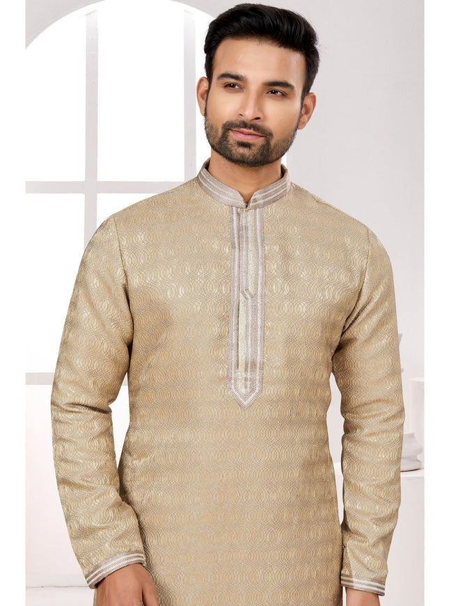 Beige Zari Jacquard Kurta Pyjama Set