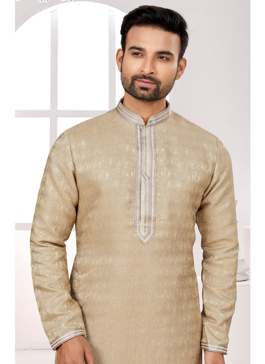 Beige Zari Jacquard Kurta Pyjama Set