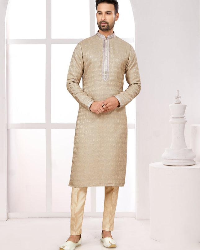 Beige Zari Jacquard Kurta Pyjama Set