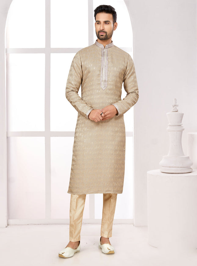 Beige Zari Jacquard Kurta Pyjama Set