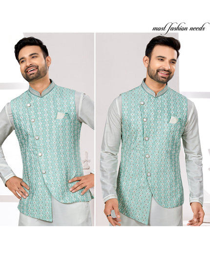 Off White Kurta Pyjama Set with Sea Green Jacket