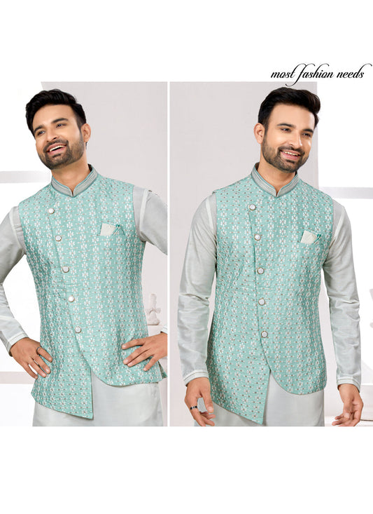 Off White Kurta Pyjama Set with Sea Green Jacket