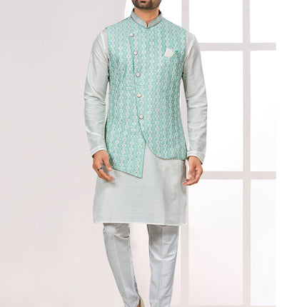Off White Kurta Pyjama Set with Sea Green Jacket