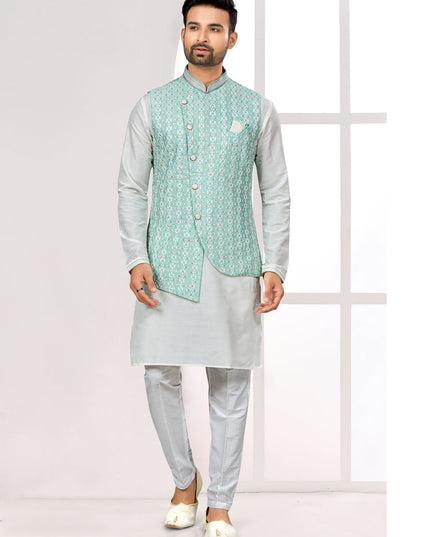 Off White Kurta Pyjama Set with Sea Green Jacket
