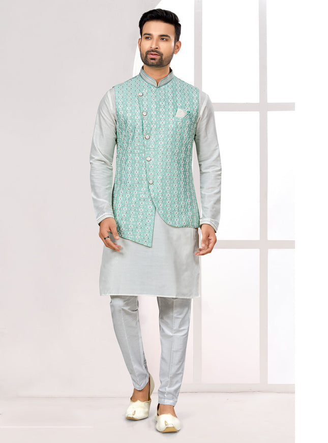 Off White Kurta Pyjama Set with Sea Green Jacket