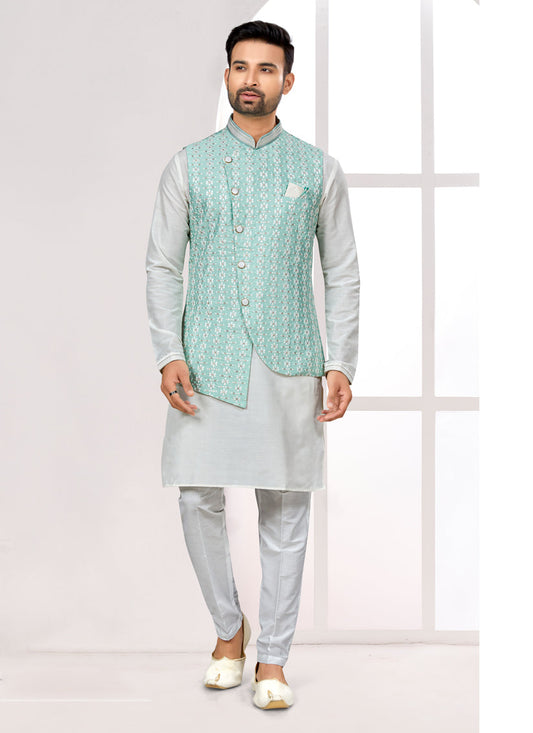 Off White Kurta Pyjama Set with Sea Green Jacket