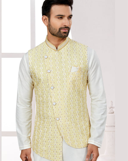 Off White Kurta Pyjama Set with Yellow Jacket