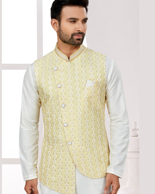 Off White Kurta Pyjama Set with Yellow Jacket