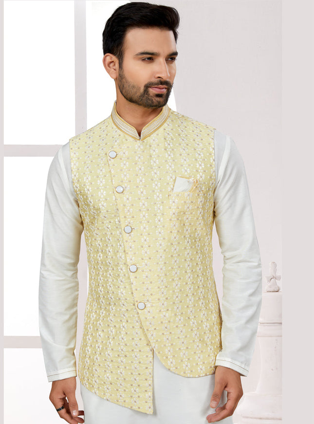 Off White Kurta Pyjama Set with Yellow Jacket
