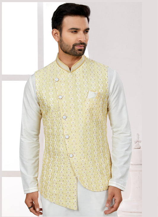 Off White Kurta Pyjama Set with Yellow Jacket