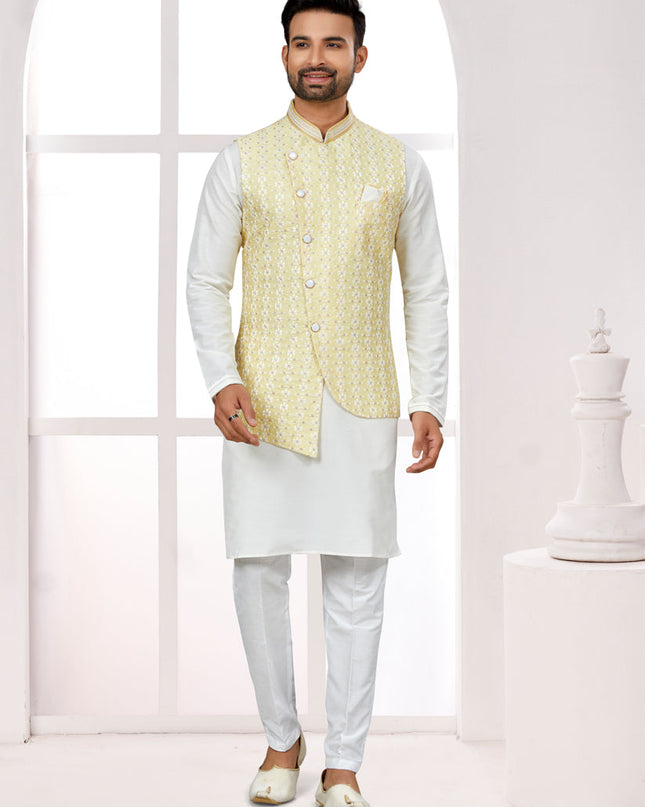 Off White Kurta Pyjama Set with Yellow Jacket