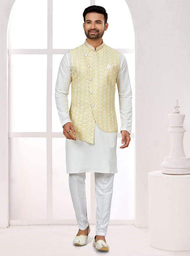 Off White Kurta Pyjama Set with Yellow Jacket
