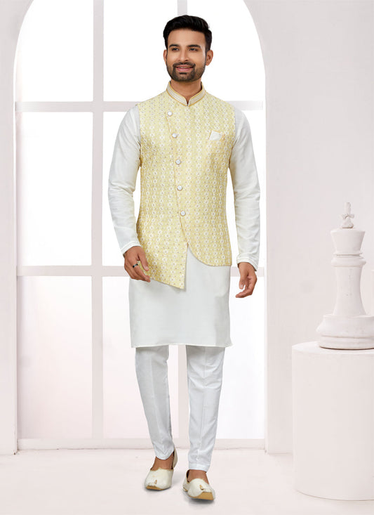 Off White Kurta Pyjama Set with Yellow Jacket
