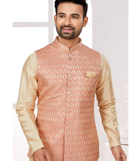 Beige Kurta Pyjama Set with Peach Jacket