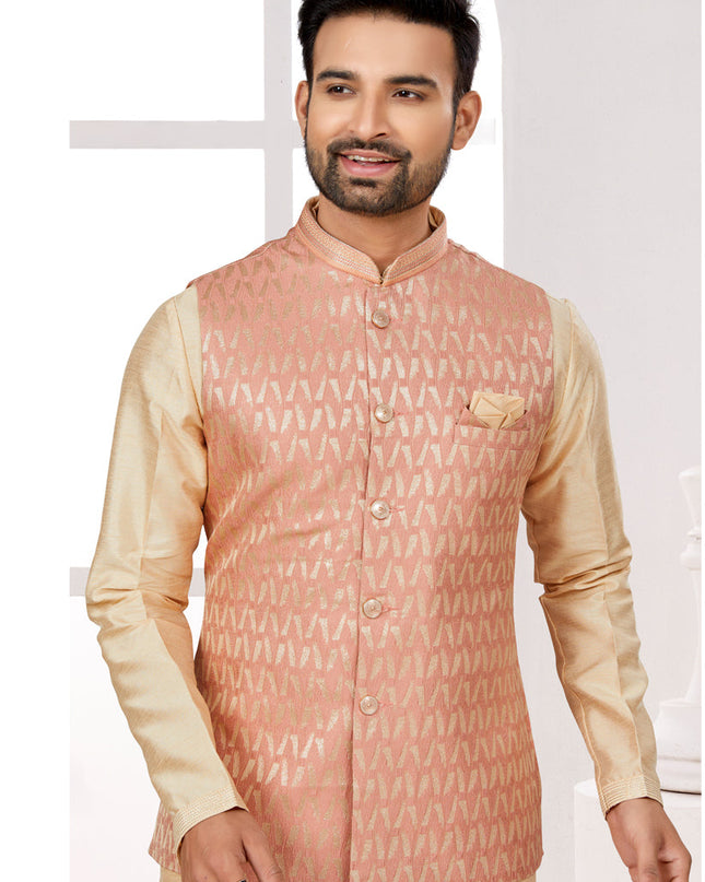 Beige Kurta Pyjama Set with Peach Jacket