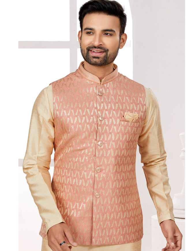 Beige Kurta Pyjama Set with Peach Jacket