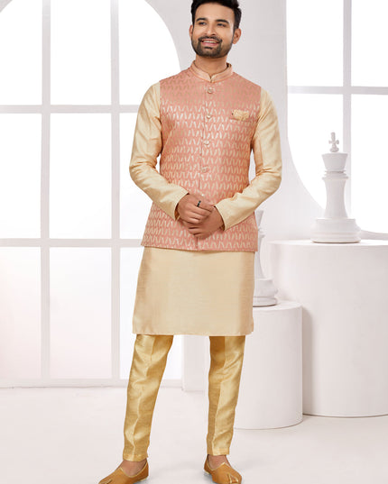 Beige Kurta Pyjama Set with Peach Jacket