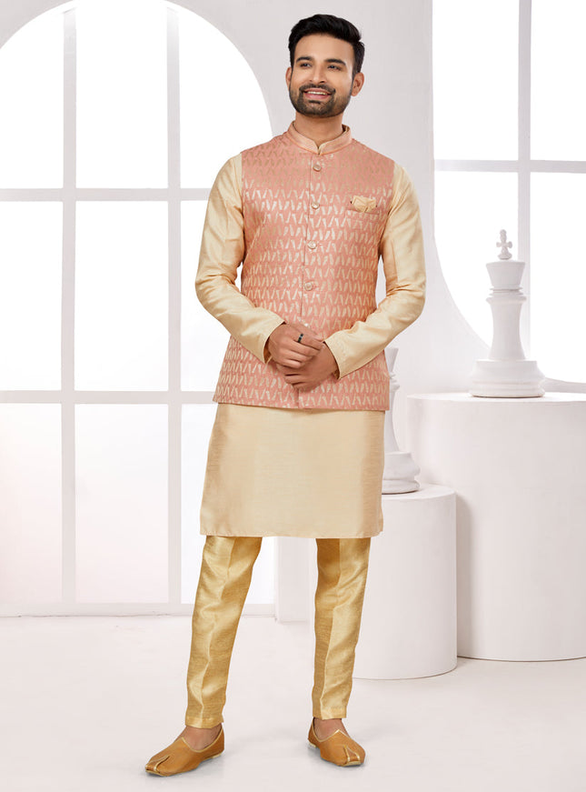 Beige Kurta Pyjama Set with Peach Jacket