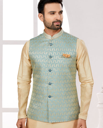 Beige Kurta Pyjama Set with Sea Green Jacket