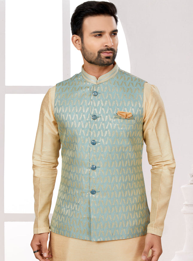 Beige Kurta Pyjama Set with Sea Green Jacket