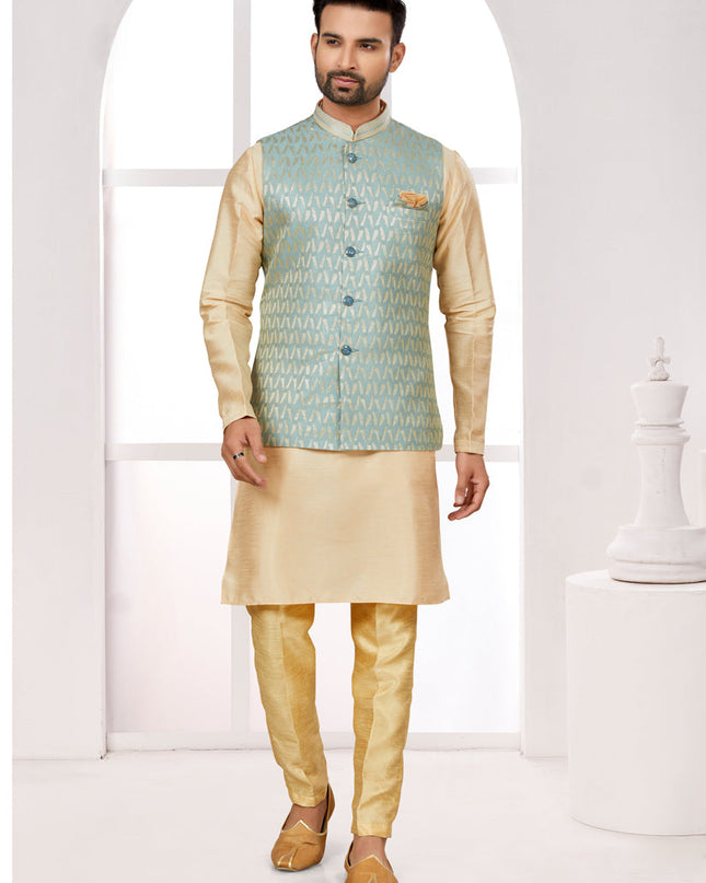 Beige Kurta Pyjama Set with Sea Green Jacket