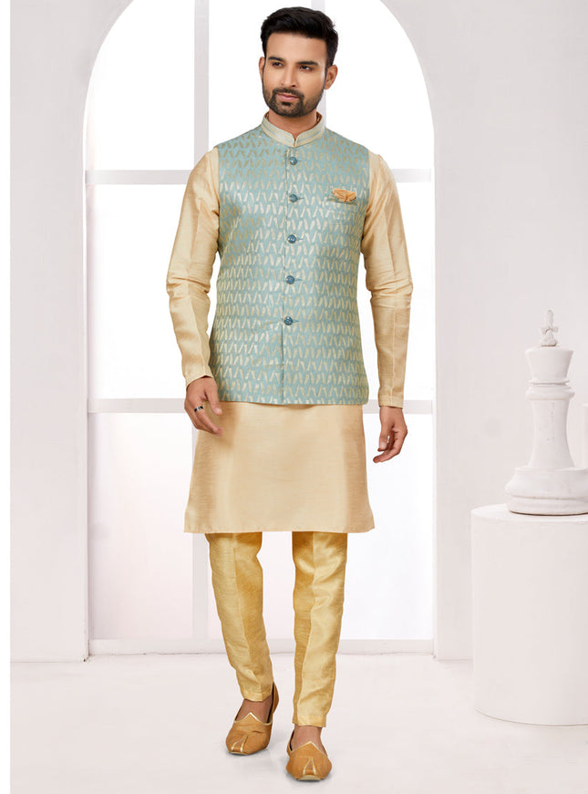 Beige Kurta Pyjama Set with Sea Green Jacket
