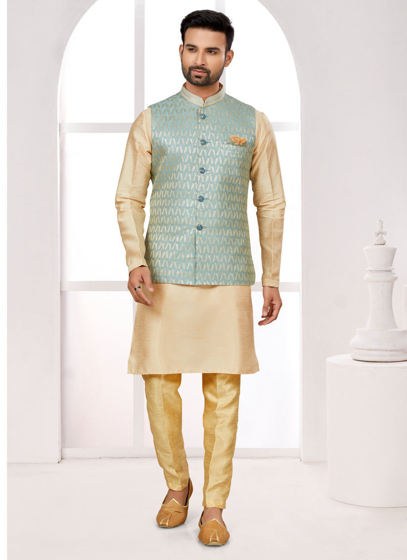 Beige Kurta Pyjama Set with Sea Green Jacket