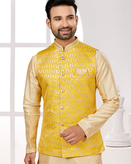 Beige Kurta Pyjama Set with Yellow Jacket