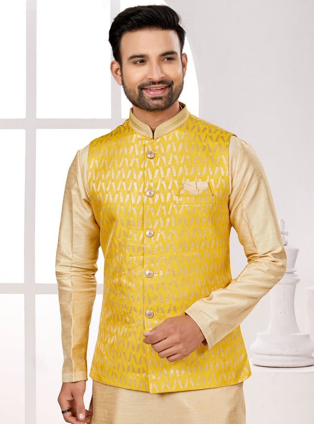 Beige Kurta Pyjama Set with Yellow Jacket