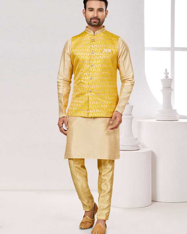 Beige Kurta Pyjama Set with Yellow Jacket