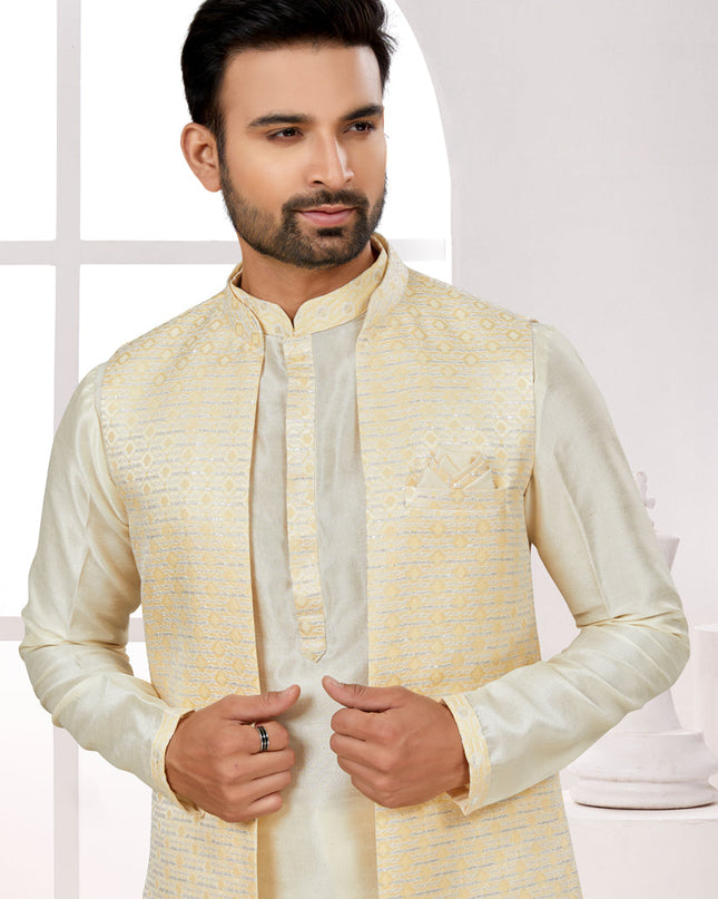 Cream Kurta Pyjama Set with Yellow Jacket