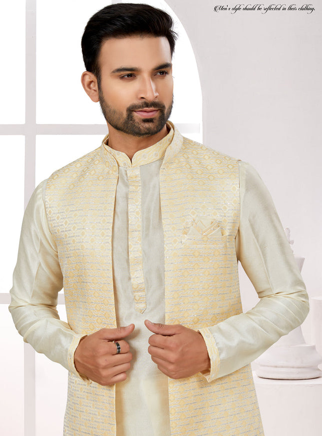 Cream Kurta Pyjama Set with Yellow Jacket