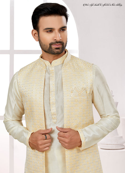 Cream Kurta Pyjama Set with Yellow Jacket