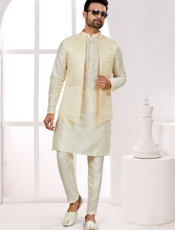 Cream Kurta Pyjama Set with Yellow Jacket