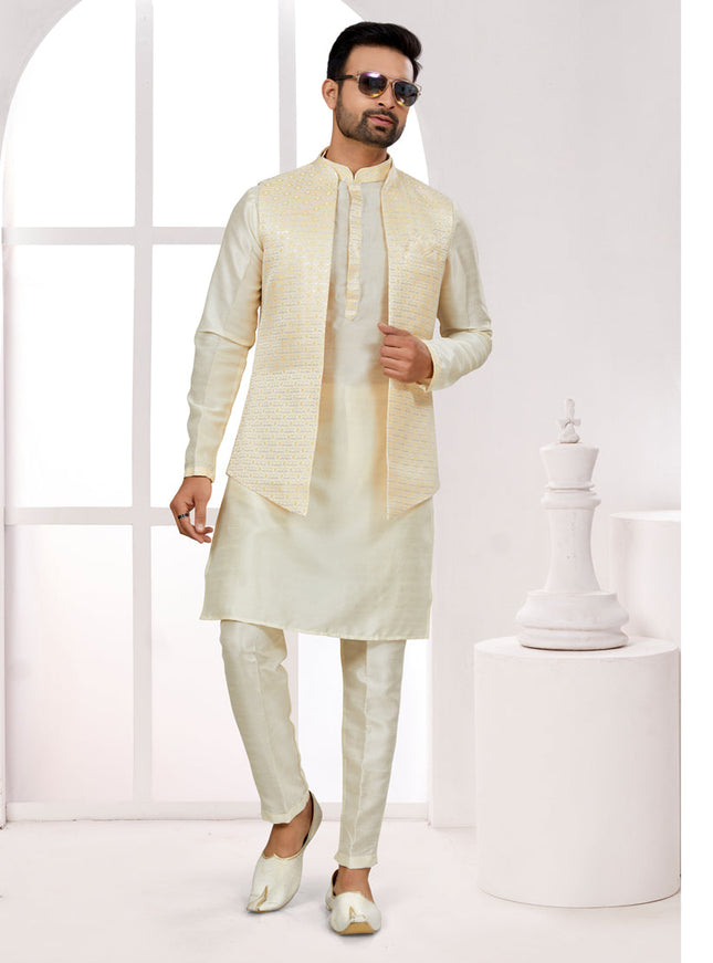Cream Kurta Pyjama Set with Yellow Jacket