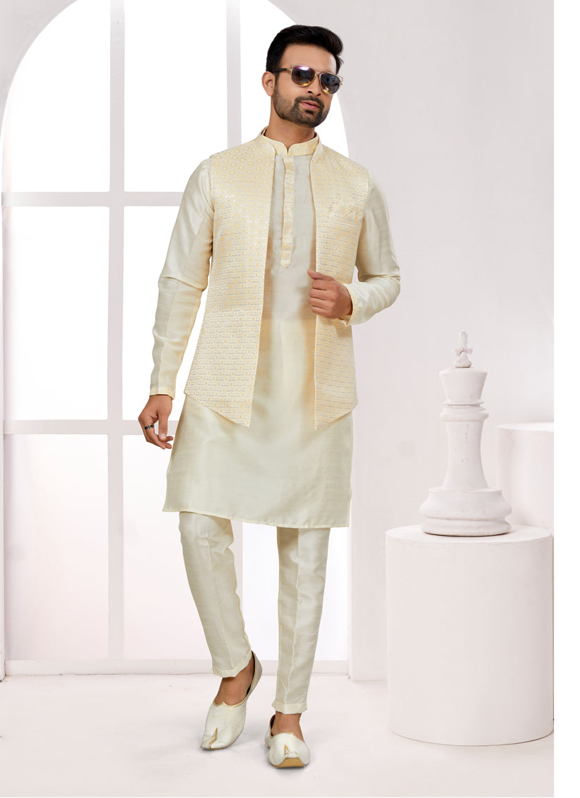 Cream Kurta Pyjama Set with Yellow Jacket
