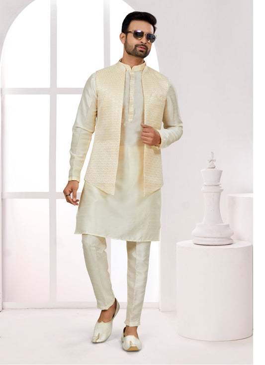 Cream Kurta Pyjama Set with Yellow Jacket