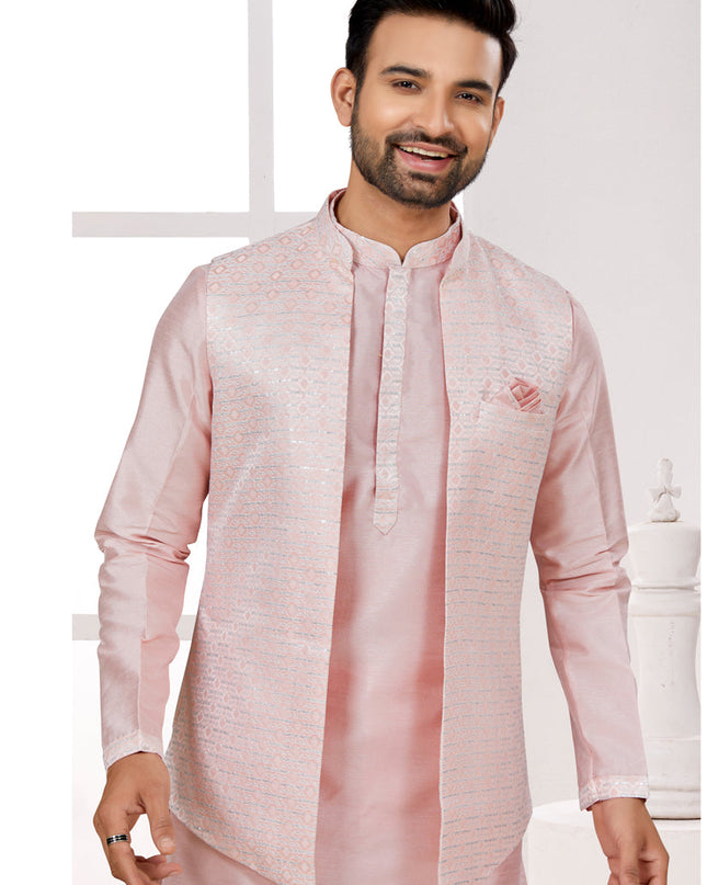Pink Kurta Pyjama Set with Off White Jacket