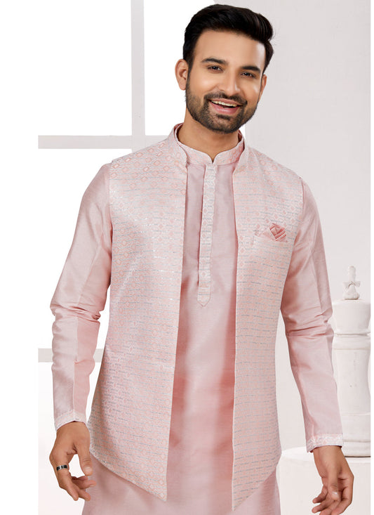 Pink Kurta Pyjama Set with Off White Jacket