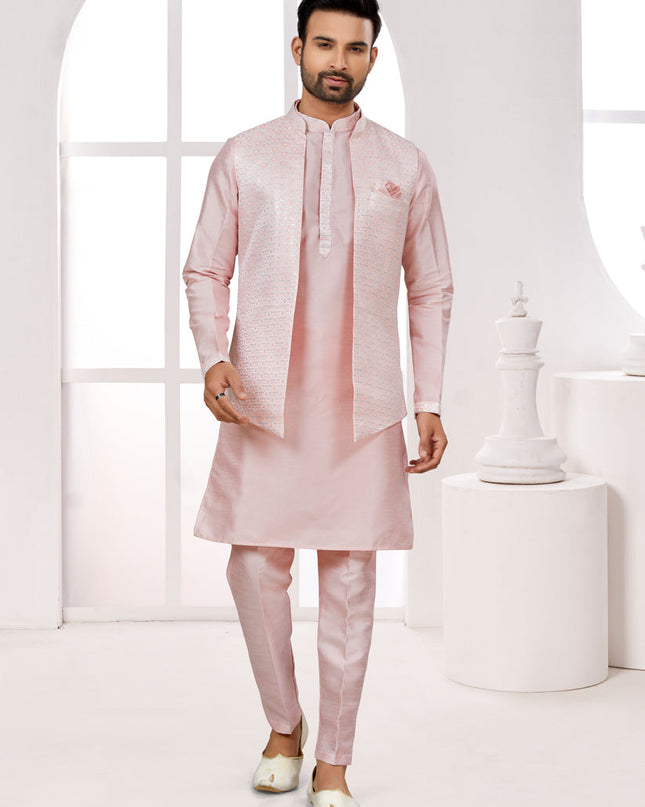 Pink Kurta Pyjama Set with Off White Jacket