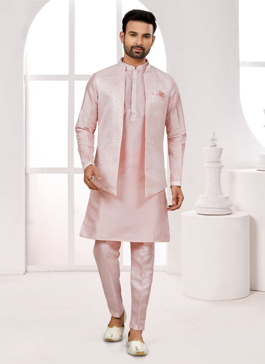 Pink Kurta Pyjama Set with Off White Jacket