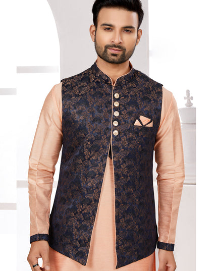 Peach Kurta Pyjama Set with Navy Blue Jacket