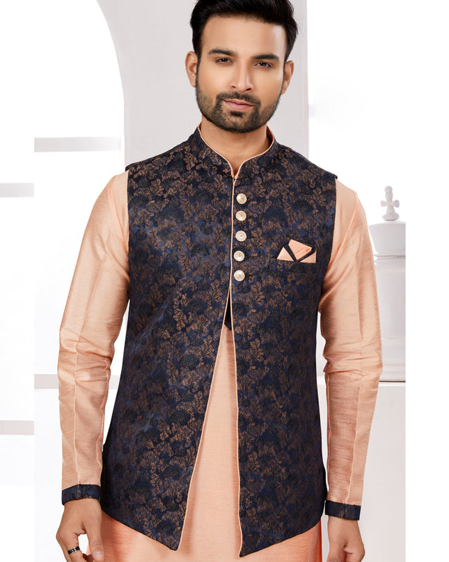 Peach Kurta Pyjama Set with Navy Blue Jacket