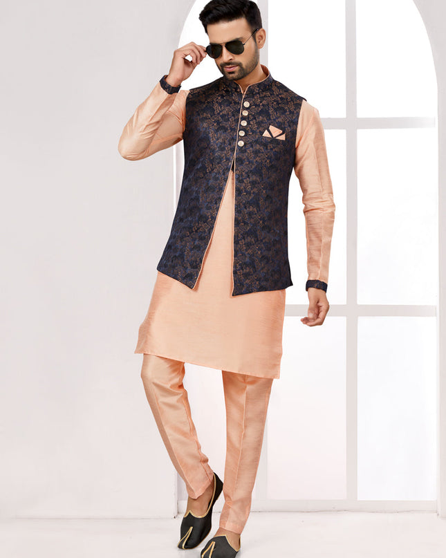 Peach Kurta Pyjama Set with Navy Blue Jacket