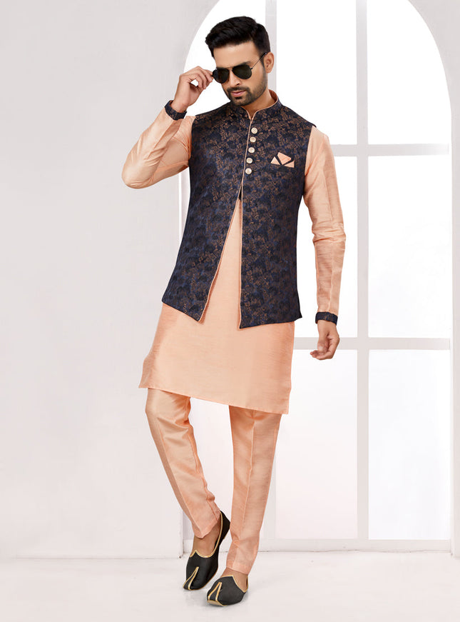 Peach Kurta Pyjama Set with Navy Blue Jacket